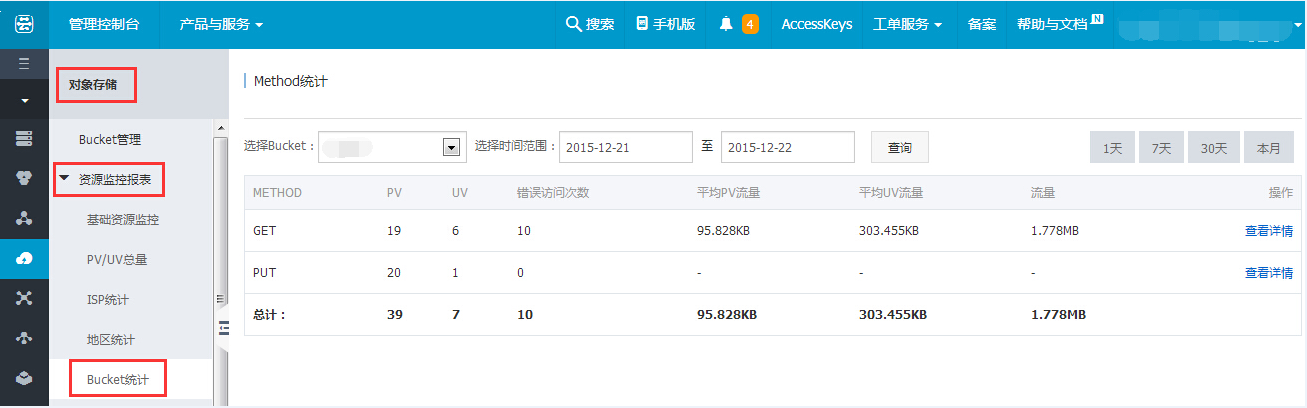 阿里云对象存储OSS查看Bucket统计